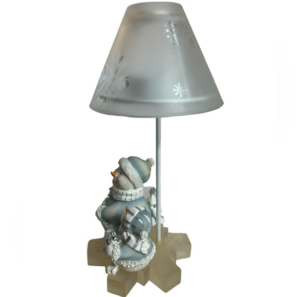 Snowmen Tea Light Votive Lamp Glass Snowflake Shade Blue White Christmas Vtg - Picture 7 of 8